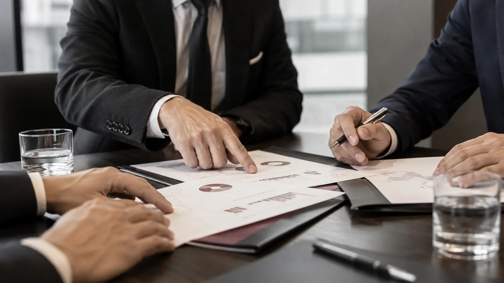 Business meeting detail with hands reviewing reports and documents